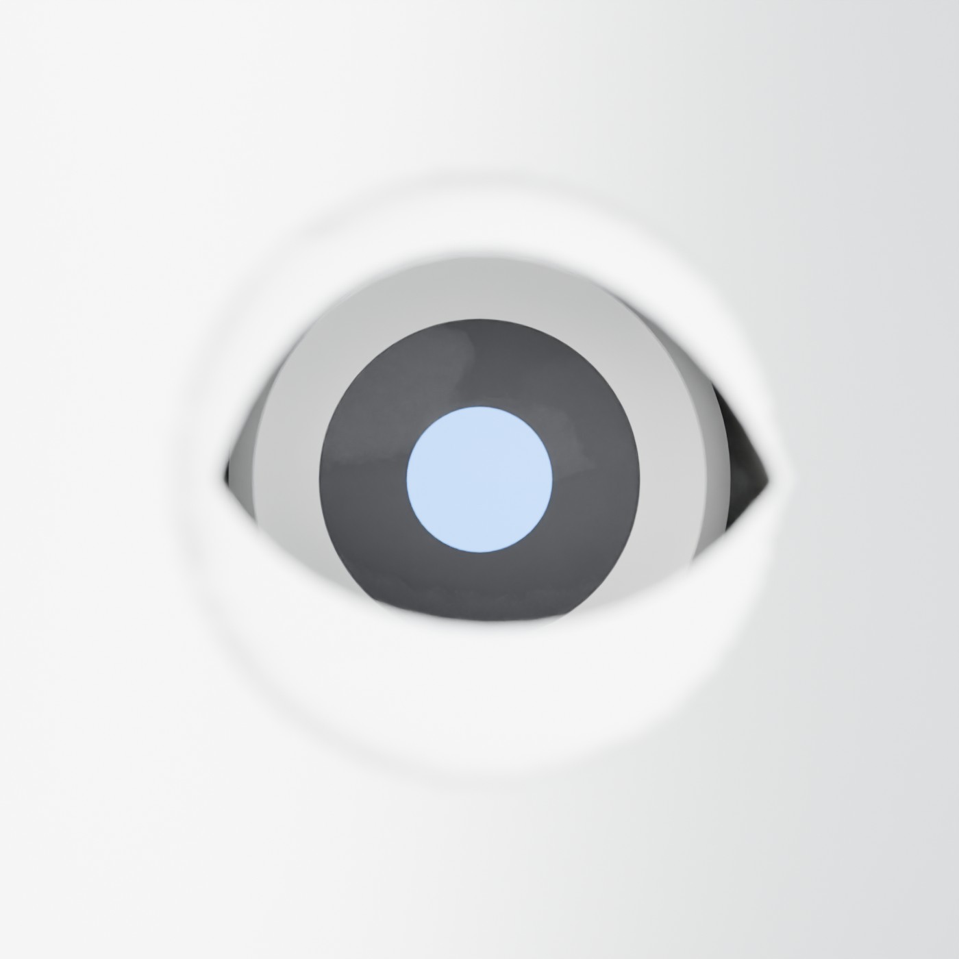 Close-up of the left eye: white globe and lids, blue-lit pupil, aluminium face